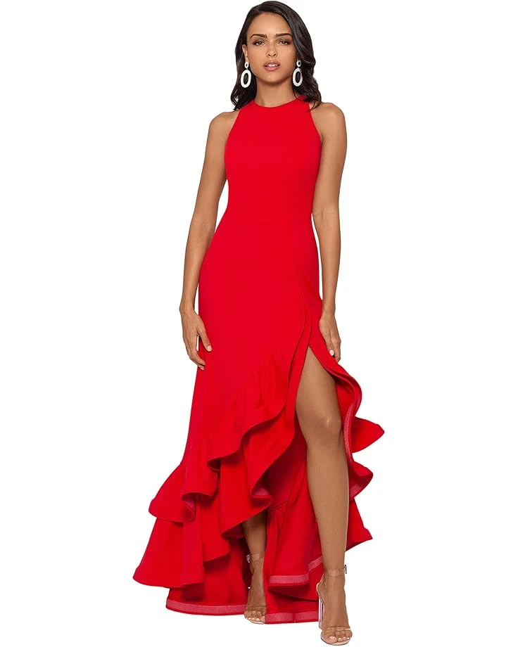 Betsy & Adam Long Halter Crepe Tiered Ruffle Gown 3 Betsy & Adam Long Halter Crepe Tiered Ruffle Gown